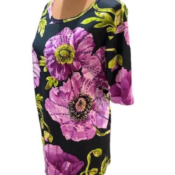 Roaman’s Beaded and Sequined Floral T-Shirt Blouse in Black and Purple – Large - Picture 4 of 7